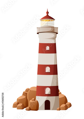 Lighthouse surrounded by stones. Navigation help for seafarers at sea. Vector illustration, cartoon nautical style. Isolated background