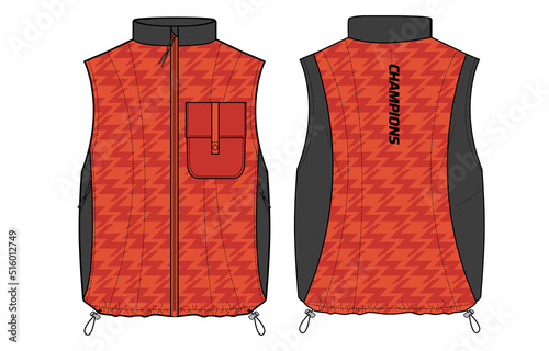 Sleeveless gilet jacket design flat sketch Illustration, padded jacket with Zipper front and back view, soft shell winter jacket for Men and women. for hiker, outerwear and workout in winter