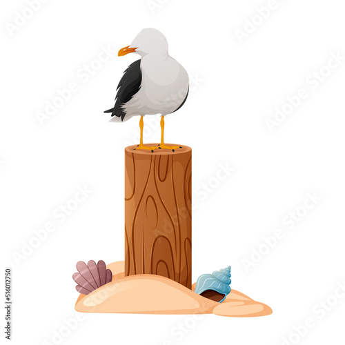 A seagull sits on the wooden log, sand with a seashells. Vector illustration, cartoon nautical style, vacation, travel concept.