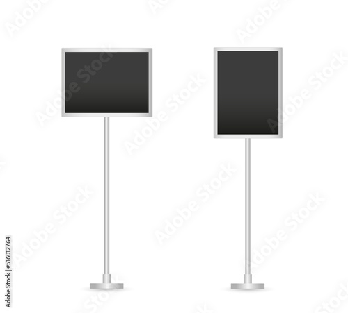 Floor Poster stands or information displays in frame on steel poles. Black sign holders, display board menu, advertising pedestals. Horizontal and vertical. Vector realistic Mock up. 