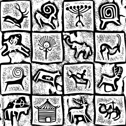 Petroglyphs of Central Asia, cave drawings, vector design, seamless pattern