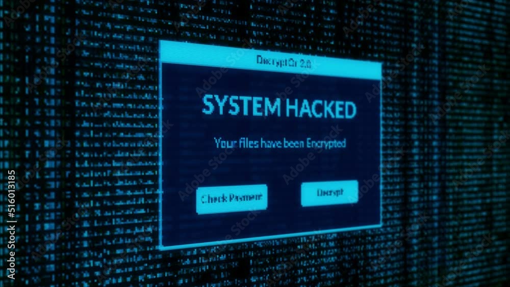 System Hacked Notification and check payment for decrypt system files concept with binary code background