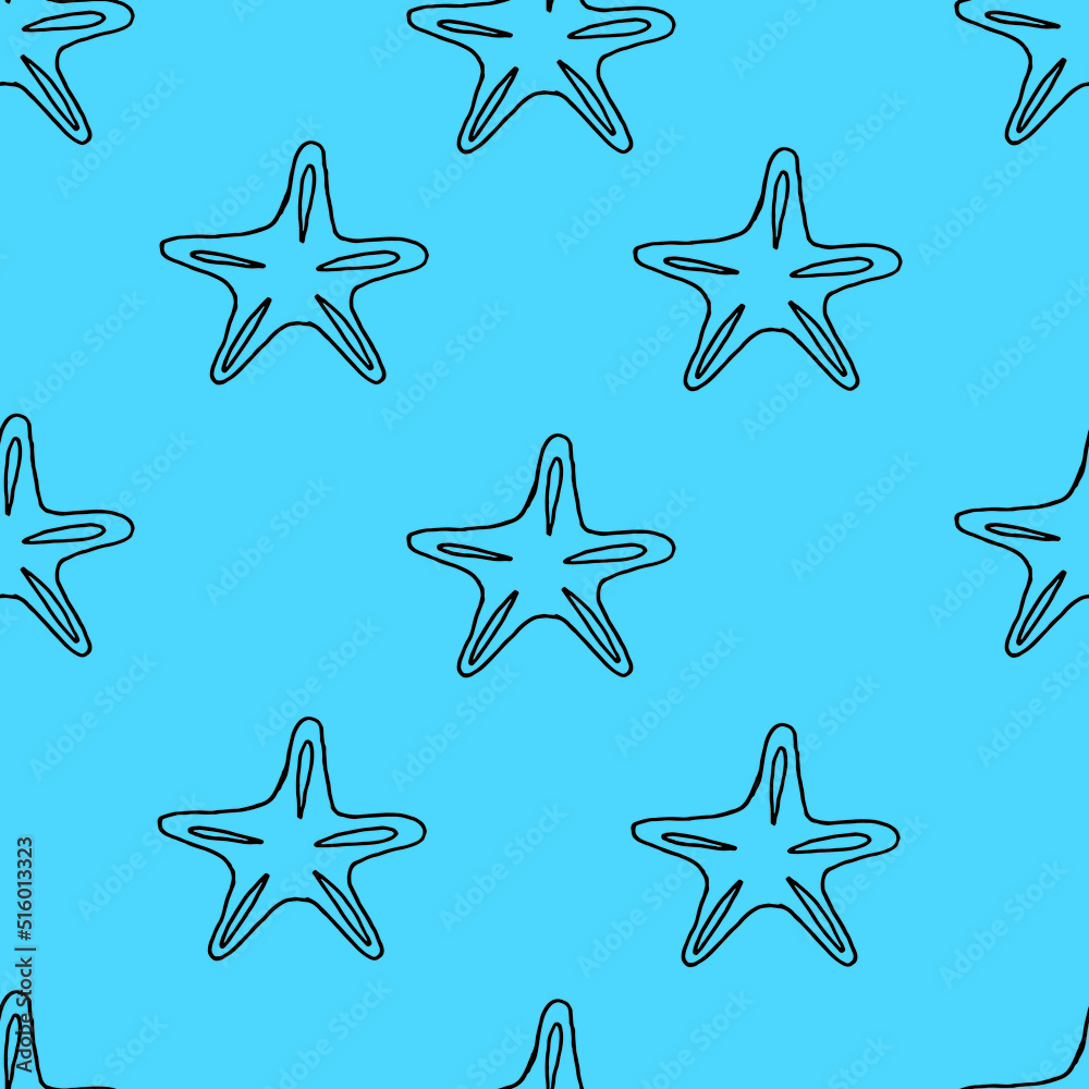 Seamless pattern with starfish drawn with black marker on blue paper. Summer background with starfish. Vacation concept.