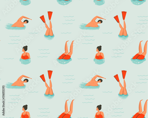 Hand drawn vector abstract cartoon summer time fun illustration seamless pattern with swimming people isolated on white background.