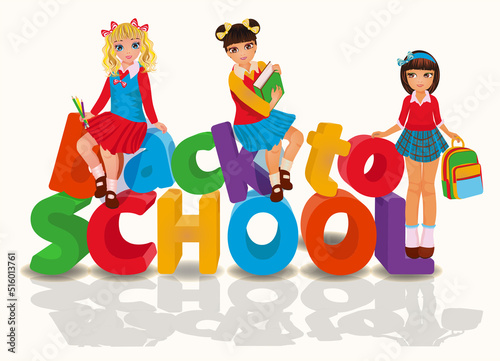 Back to school. Young girlfriends. vector illustration 