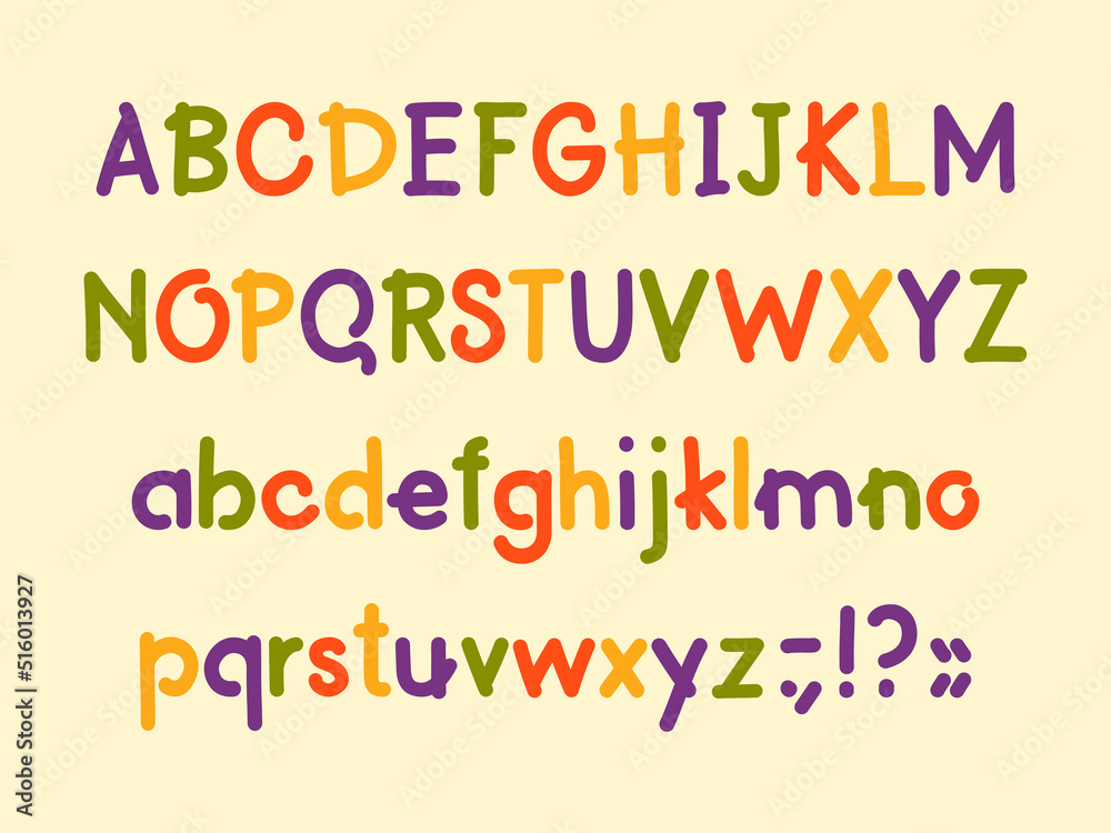Colorful kids alphabet. Playful hand-drawn font for the design of children's books, clothes, cards, posters, etc.