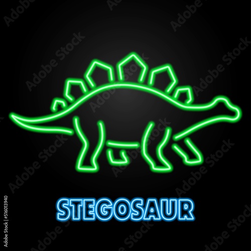 stegosaur neon sign, modern glowing banner design, colorful modern design trends on black background. Vector illustration.