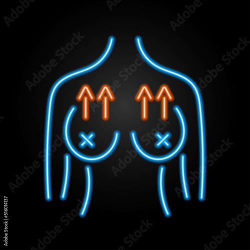 Breast lift neon sign, modern glowing banner design, colorful modern design trends on black background. Vector illustration.