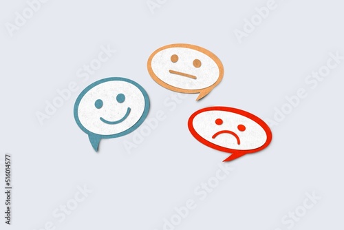 Paper cut texture set of emoji emoticons in speech bar with sad and happy mood. Increase rating, Customer experience, Satisfaction and best excellent services rating.