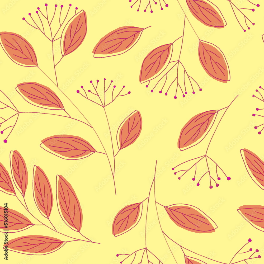 Hand drawn seamless botanical pattern in doodle style. Simple pink brown branches with leaves and berries on a light yellow background. For fabric, wallpaper or surface design.