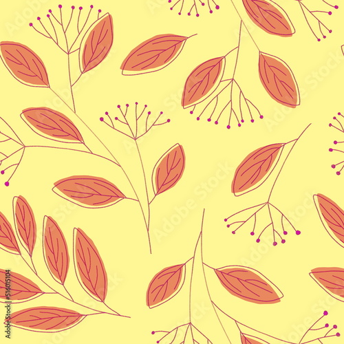 Hand drawn seamless botanical pattern in doodle style. Simple pink brown branches with leaves and berries on a light yellow background. For fabric  wallpaper or surface design.
