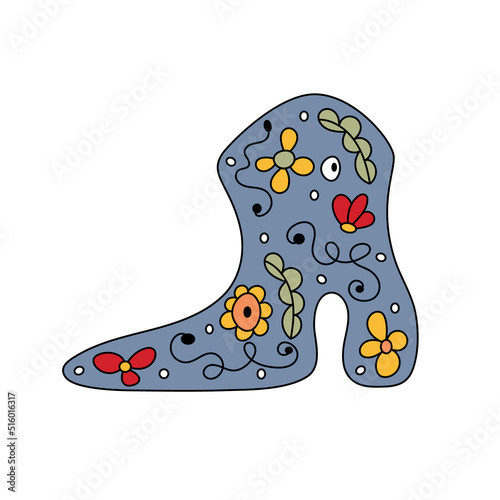 Vector woman retro boot with floral elements. Boho shoes. Cowgirls boot.