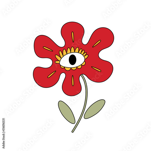 Vector hippie flower with eye. Doodle retro floral element.