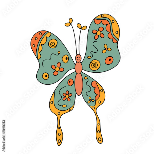 Vector doodle retro happy butterfly.Positive hippie design element.