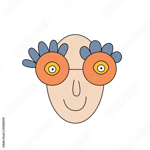 Vector positive hippie human face. Happy retro smiling male portrait in sunglasses. Groovy avatar.1970.1980.