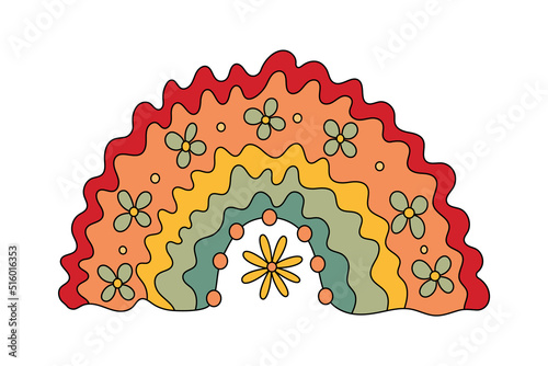 Vector retro boho rainbow with flowers. Hippie colorful design element.70s sticker.
