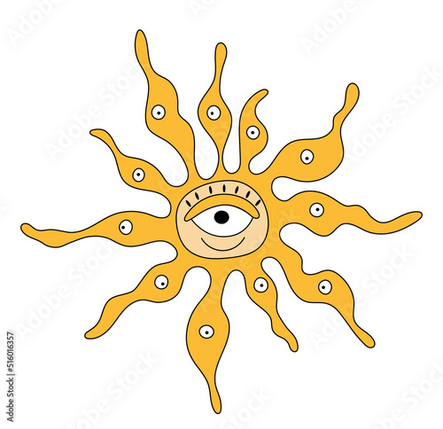 Vector hippie smiling sun with eyes. Retro doodle psychedelic sunshine design element.