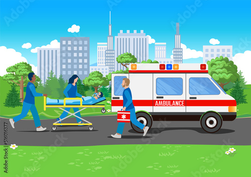 A team of paramedics assisting a patient. Ambulance, urgent medical care. Thank you doctors and nurses. Urgent hospitalization. Vector illustration.