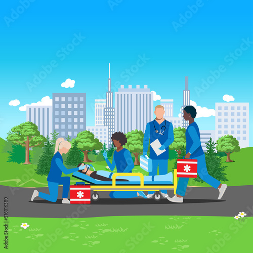 A team of paramedics assisting a patient. Ambulance, urgent medical care. Thank you doctors and nurses. Urgent hospitalization. Vector illustration.