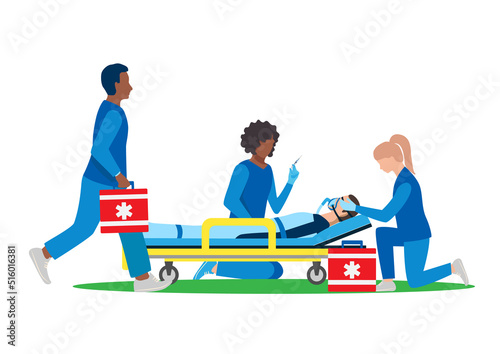 A team of paramedics assisting a patient. Ambulance, urgent medical care. Thank you doctors and nurses. Urgent hospitalization. Vector illustration.