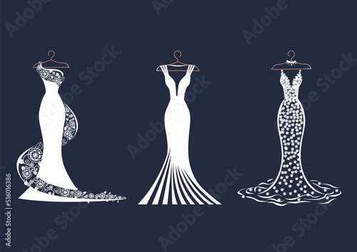 Vector set of lacy wedding dresses on a hanger. Silhouette of a beautiful female outfit. For designing a flyer, poster or advertising in social networks.