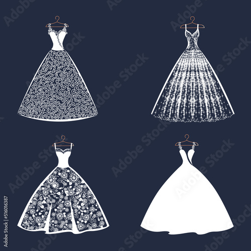 Vector set of lacy wedding dresses on a hanger. Silhouette of a beautiful female outfit. For designing a flyer, poster or advertising in social networks.