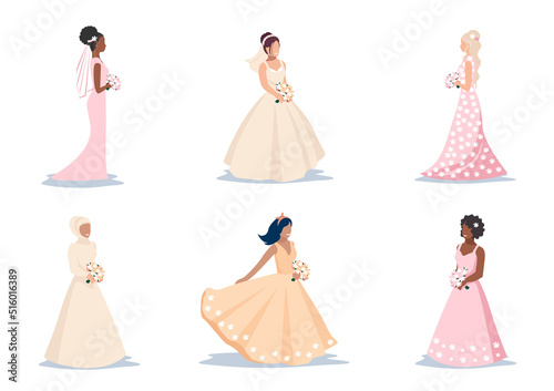 Vector set of beautiful brides in wedding dresses. Wedding dresses and accessories. For designing a flyer, poster or advertising in social networks.