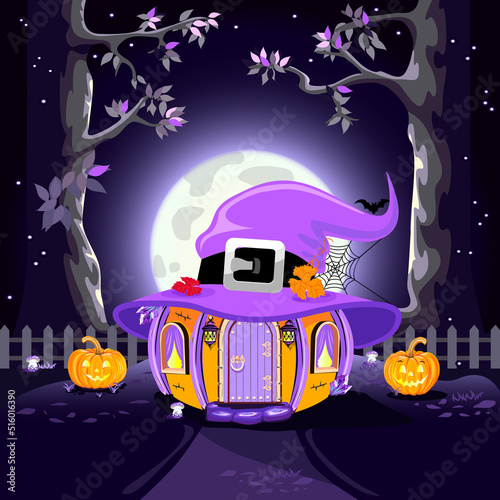 Halloween house in cartoon style with a witch hat instead of a roof. Vector illustration to decorate a flyer, poster, invitation or social media ad for Halloween.