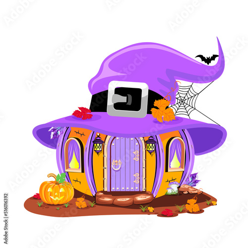 Halloween house in cartoon style with a witch hat instead of a roof. Vector illustration to decorate a flyer, poster, invitation or social media ad for Halloween.