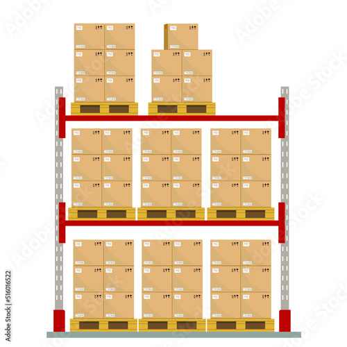 Metal racks for a warehouse with boxes on pallets. Flat design, front view. Vector illustration.
 Boxes on wooded pallet illustration, flat style warehouse cardboard parcel boxes stack front view 