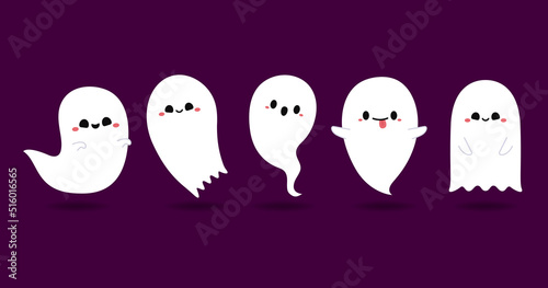 Happy halloween party greeting card with cute ghost. Holidays cartoon character. Cute spooky ghosts.