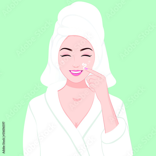 Smiling girl applying daily facial cream in bathrobe skincare nature beauty spa salon concept, Beauty model with perfect fresh skin cares about her skin at home