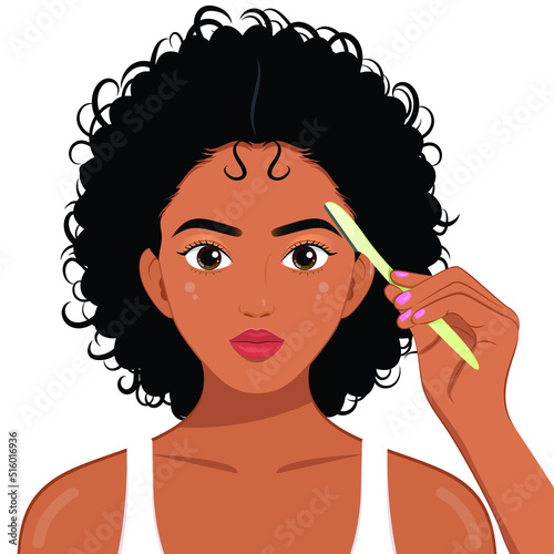 Young pretty african girl shaving eyebrows with razor eyebrows shape skincare make up beauty, Facial hair removal. Beautiful young woman shaving her face by razor at home