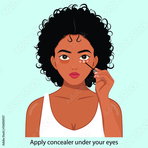 African girl applying concealer under her eyes skincare make up concept, woman apply of liquid foundation on her face