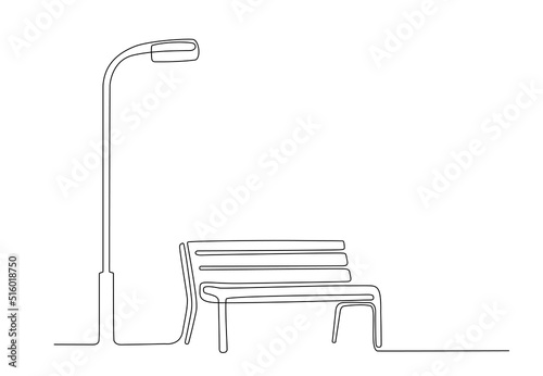 Continuous line drawing of Bench and lantern in park. Line art style. One line minimalism style drawing. Wooden outdoor furniture for relax. Single line illustration. Handdraw doodle vector