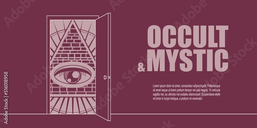 Open door leading to occult mystic word. Esoteric and philosophic banner concept