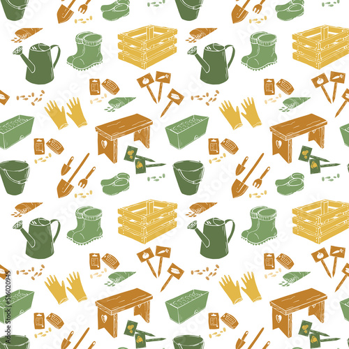 Bright fun colored seamless pattern with silhouette garden tools, watering can, boots, shovels, seeds. Endless texture with green brown yellow elements on white background. Vector illustration.