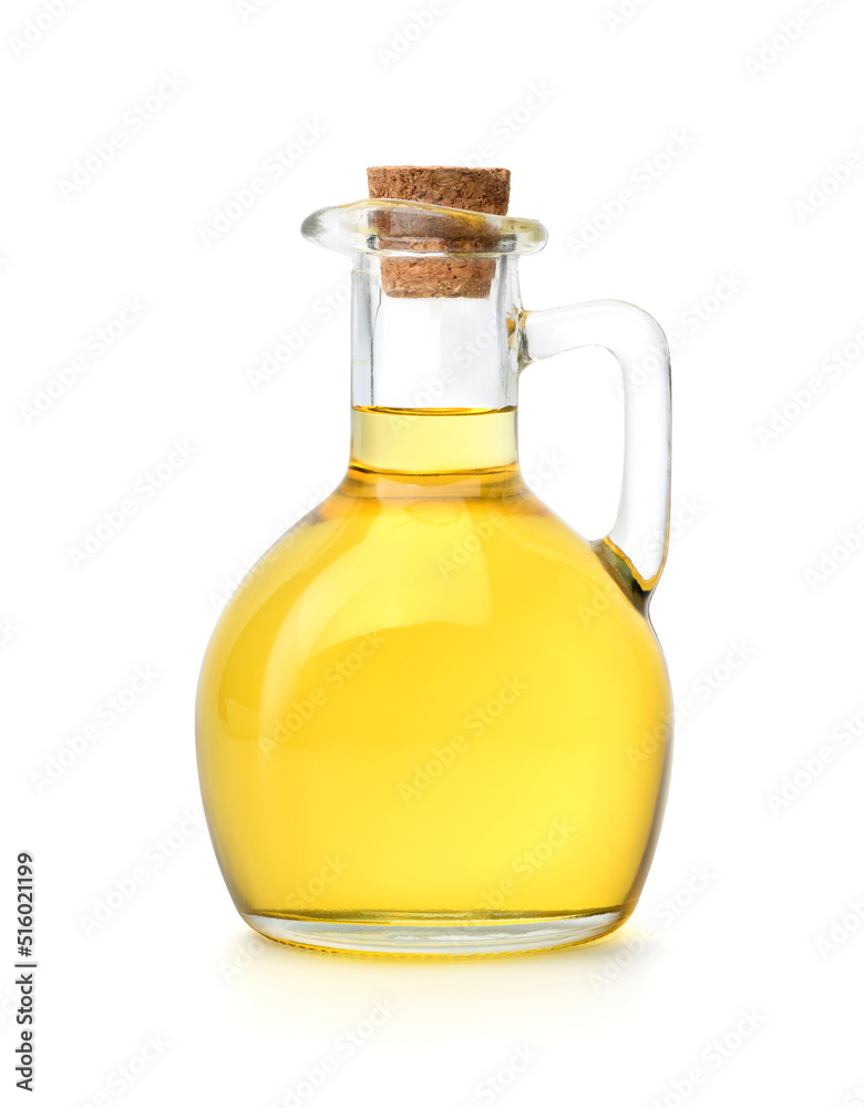 Bottle of cooking oil with cork cap isolated on white background. Clipping path. - obrazy, fototapety, plakaty 