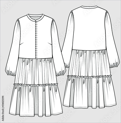 TECHNICAL SKETCH OF MIDI DRESS FOR WOMEN IN VECTOR FILE