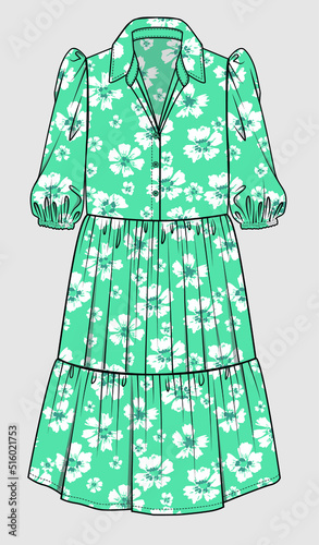 TIERED SHIRT DRESS WITH PUFF SLEEVES FOR WOMEN AND GIRLS  WITH RETRO PRINT IN EDITABLE VECTOR FILE