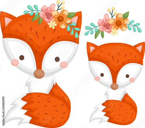 a vector of a cute fox with a flower wreath