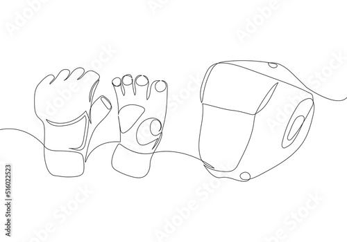 MMA set with gloves and helmet one line art. Continuous line drawing of boxing gloves, shingard, mixed martial arts, sport, sports, activity, struggle, fight, athlete, strength, aggression, training. photo