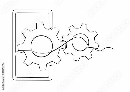 continuous one single line drawing of Smartphone and gears, Adjusting app options, maintenance, repair, fixing monitor.