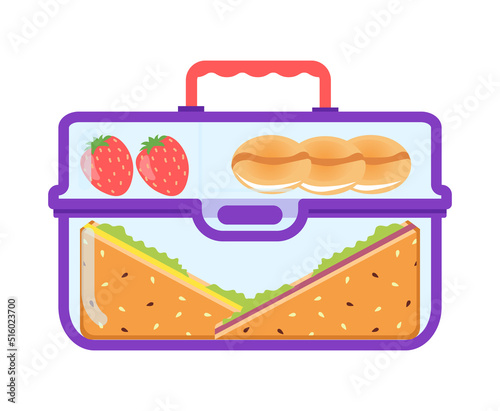 Lunch box with school meal cartoon fruit, cookies, sandwich in container. Flat vector illustration isolated on white. Colorful appetizing snack food in kids lunch box. Colored healthy meals storage.