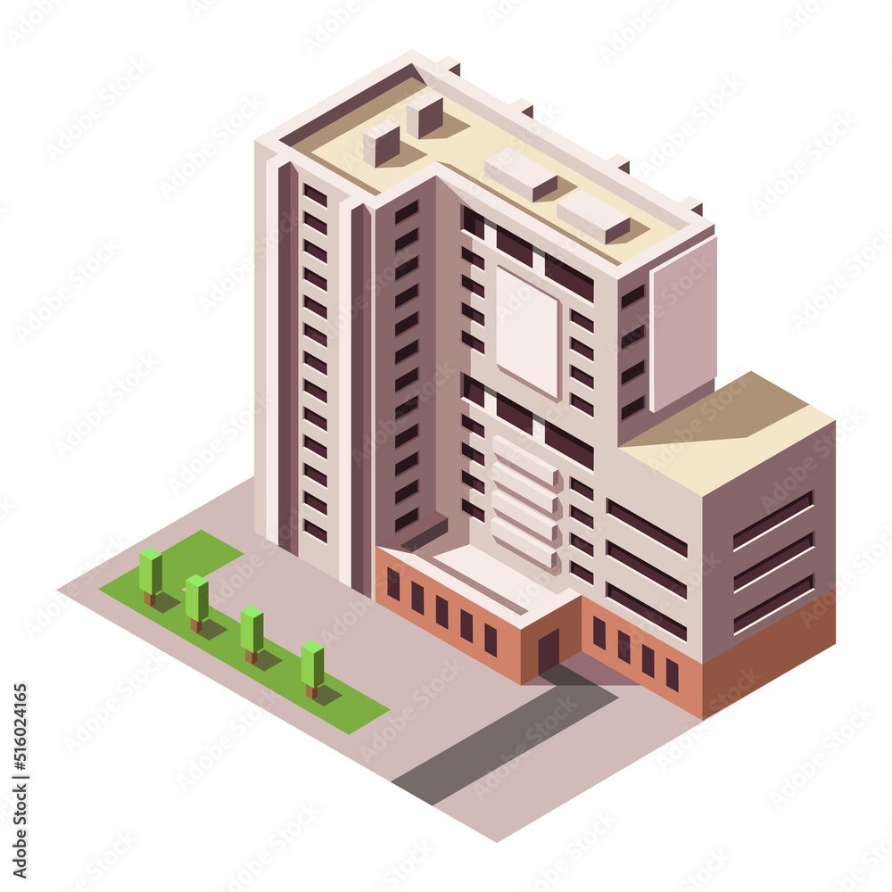 Isometric skyscraper building. Business office and commercial towers. City development in 3D design. Finance cityscape architecture, street elements for map. Vector illustration