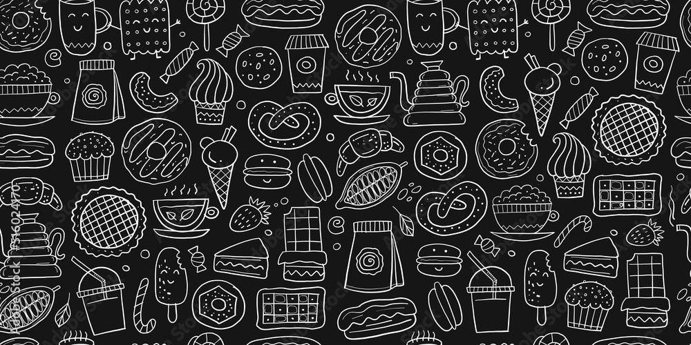 Coffee shop menu elements. Desserts and sweets. Hand drawn sketch. Seamless pattern background for your design Coffee shop menu elements. Desserts and sweets. Hand drawn sketch. Seamless pattern background for your design