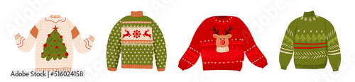 Ugly Christmas sweaters vector set. Cartoon cute wool jumpers with Norwegian ornaments. Knitted winter holidays pullover with funny reindeer, Christmas tree, snowflakes december clothing isolated