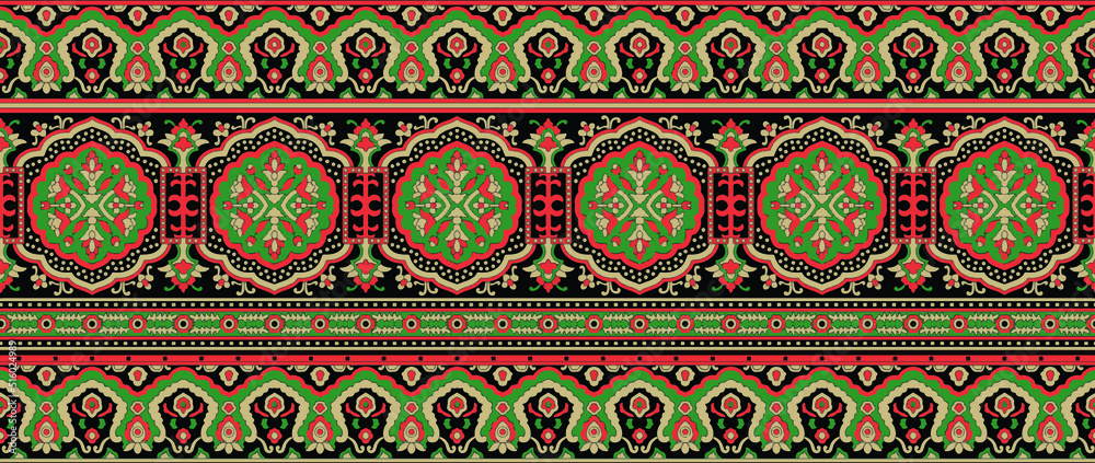 digital textile design with beautiful bunch and geometric border seamless and ethnic style