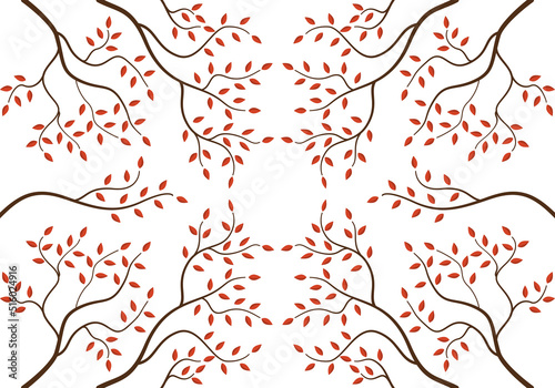 Background of autumn twigs with red leaves in Japanese style. Vector image.