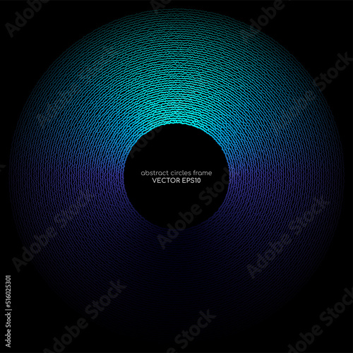 abstract circles line wave expand pattern border frame by gradient blue green light isolated on black background.